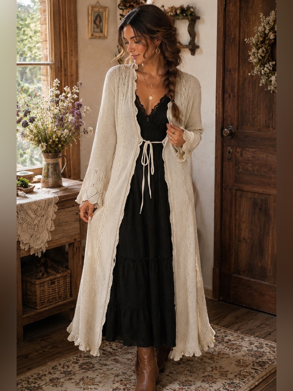 Max Studio Cream Long Knit Cardigan with Tie Front